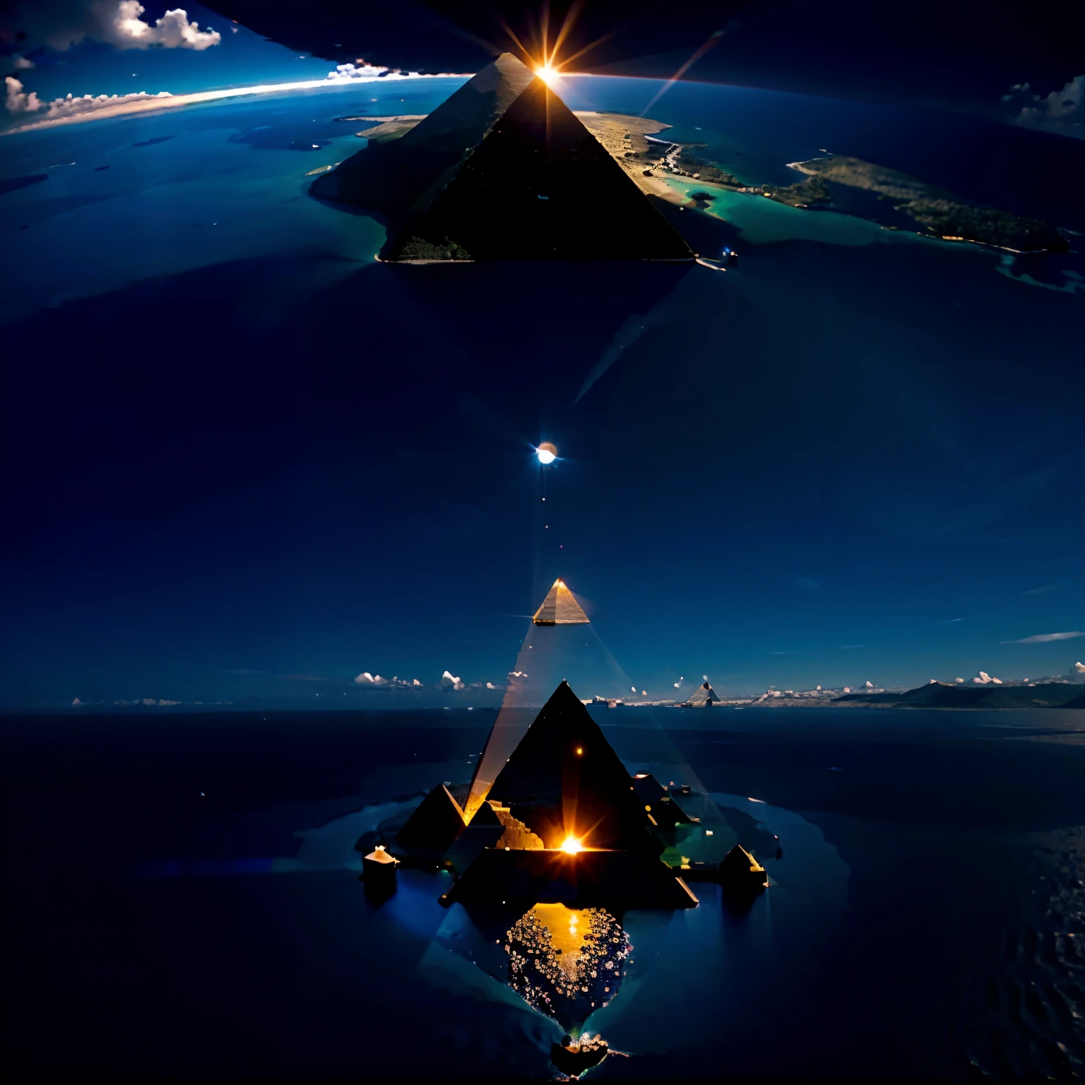 Pyramid flying over sea and a island , hyper realistic , 4k , cinematic, with a solar eclipse, --ar 2:3