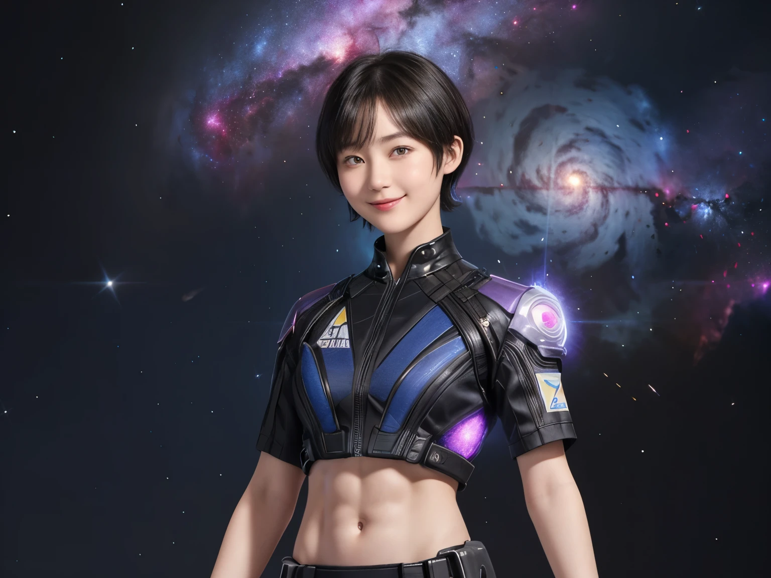 214 Short Hair, 20-year-old woman, A kind smile, Floral, Futuristic clothing, machinery suit, ((Clothes that show abs、Clothes with short sleeves)), (The background is a galaxy and nebula)