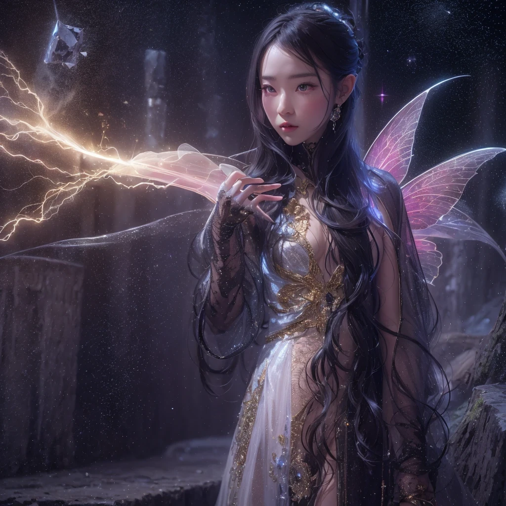 Asian fairy wearing silk hooded and glowing gloves，Lateral face，A collarless coat，Lightning hands，sunglasses，Cyberpunk smoke，（（（nmasterpiece））），（（（Side view））（Ultra-detailded）（illustration）（Detailed lighting）（（Telephoto Tilt-Shift））（nmasterpiece）（sunny day background）（Ultra-detailded）（photorealestic），（Detailed light），（（an extremely delicate and beautiful one），（（faerie）），（（lightning in hand）），Lightning surrounds the fairy，（（lightning chain）），Suspended crystals，There is lightning inside the crystal，