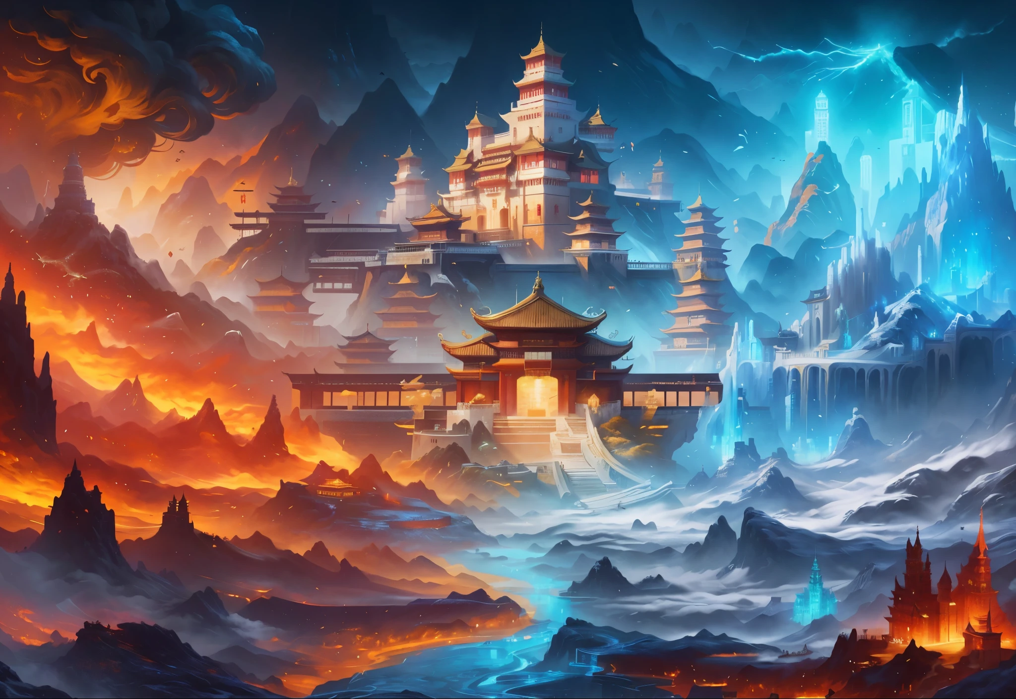 a painting of a castle in the middle of a mountain, 4k highly detailed digital art, 8k stunning artwork, 4k detailed digital art, cyberpunk chinese ancient castle, 4k fantasy art, beautiful art uhd 4 k, concept art wallpaper 4k, 8k high quality detailed art, detailed fantasy digital art, 4 k hd illustrative wallpaper