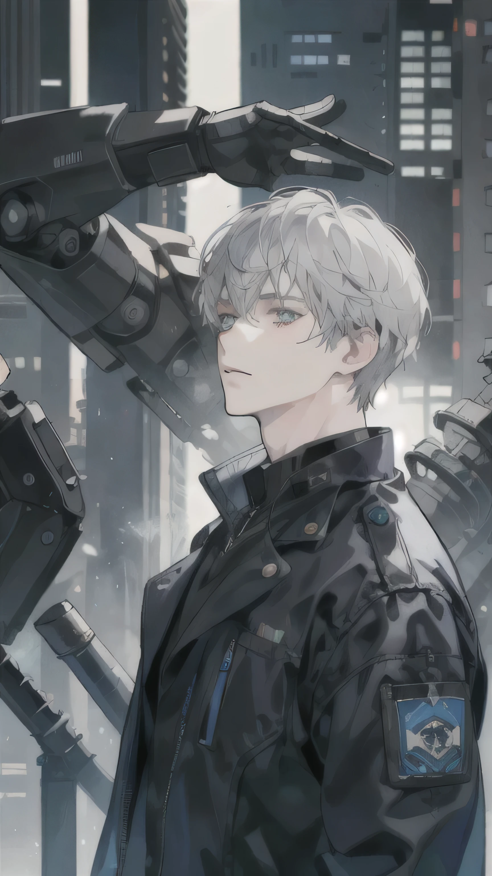 A 15-year-old teenage young boy, a boy engineer and artificer, robot boy, pale skin tone, without a beard, without a goatee, no facial hair, no body hair, white hair color, straight hair, pointed ears, futuristic black and blue jacket, cyberpunk black and blue clothes, robotic mixed with organic, silver haired boy, futuristic powers, laser powers, body with blue and black lightning particles emitting around it, background lightning