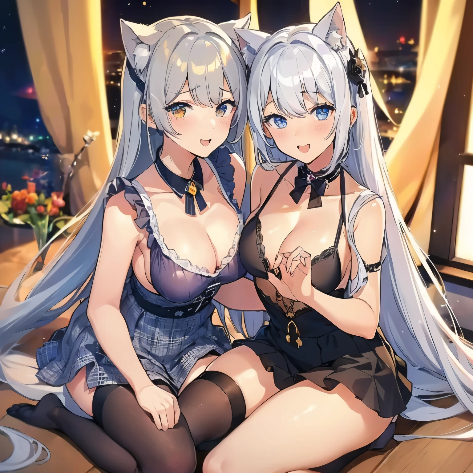 (twin girls),(super high quality), masterpiece, (strong), Relaxed atmosphere,Golden Eyes, (Mischievous Smile), beautiful表情, Perfect body, (Normal size chest), Longer Hair,Highly detailed face and eyes, (Silver Hair, 深いグラデーションのGolden Eyes), beautiful, Cinematic lighting.tonality,Advanced Details, highest quality, Only 5 fingers,cute,Silver and black dress,Moon Goddess,moon hair ornament,indoor,Mechanical rape,(brainwashing),visor,