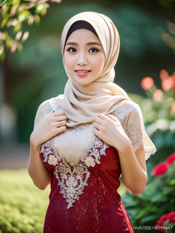 RAW, Best quality, high resolution, Masterpiece: 1.3), Beautiful Malay woman in hijab, Masterpiece, Perfect slim body, Beautiful big eyes, Soft smile, Masterpiece:1.2, Best quality), Realistic, (Real picture, Intricate details, Depth of field，1 malay girl , modern plain hijab, shy, medium portrait shot , watery eyes ,droopy eyes, watery, lip glossy, horny orgasm face expression, big breast, wear java wedding woman in kebaya red dress berendra, kebaya lace, flower garden background, bokeh background, proportional body,