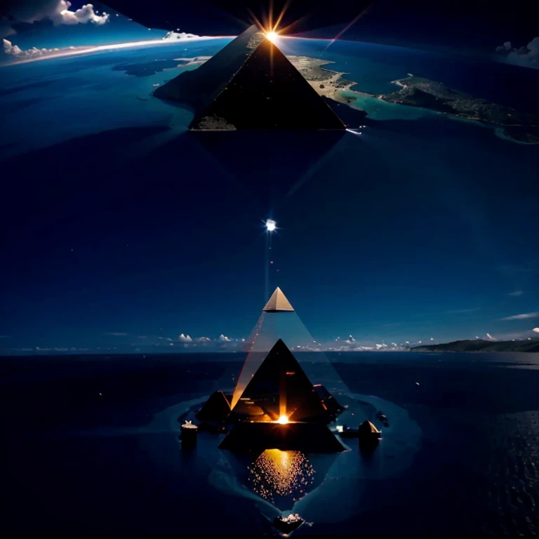 Pyramid flying over sea and a island , hyper realistic , 4k , cinematic, with a solar eclipse, --ar 2:3