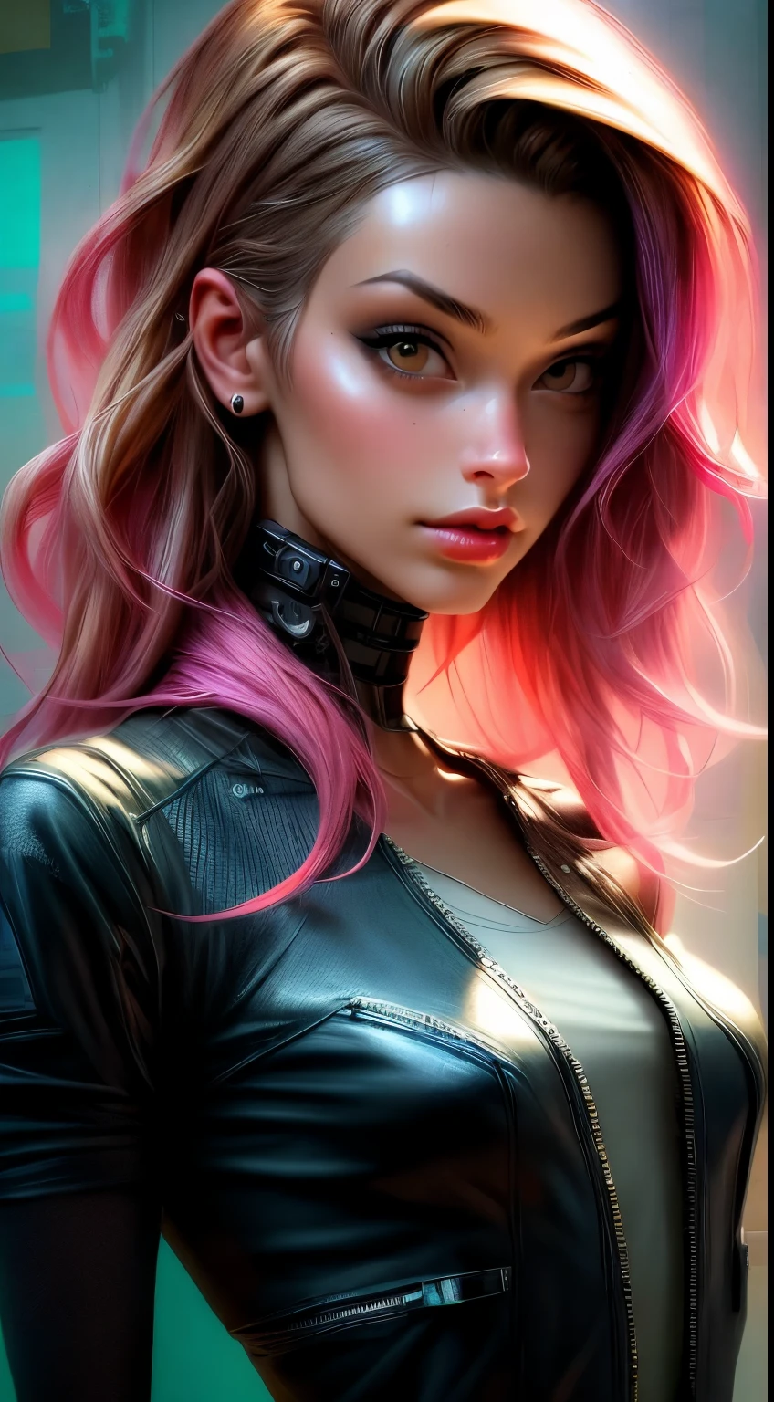 ((Long shot: 1.4, dynamic pose: 1.4)), (( 1 young woman alone:1.5)), (( beautiful, sensual and self-confident: 1.5)), (( brown eyes light and bright, cyberpunk hair:1.5)), ((ultra detailed:1.5)), sensual smile, beautiful full and shiny lips, with tattoo on arm and cheek, handsome hairstyle:1.2, cyberpunk, handsome cyberpunk, dreamer, (( beautiful and detailed hair, soft and shiny:1.3)), dark atmosphere, cyberpunk clothing, ultra-realistic 8k, cyberpunk 20 years. a model , the portrait, highly detailed 32k digital art, beautiful digital artwork, Cyborg Cyberpunk. ((colors, cyan, greens, pink, brown: 1.2)), 8k realistic digital art, soft neon lighting on the face and body, ((highly detailed: 1.4), ((masterpiece)), (hyper detailed and beautiful: 1.3), (Photorealistic: 1.4)