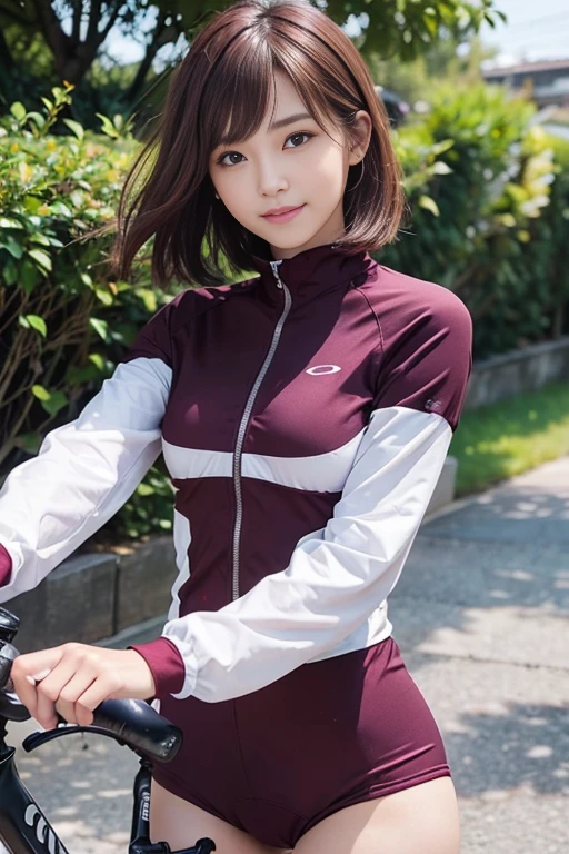 cute japanese college student、21 years old、Super detailed face、Attention to detail、double eyelid、Beautiful thin nose、Sharp focus:1.2、Beautiful woman:1.4、(Maroon brown hair、Short Hair)、(Detailed facial features)、Brunette eyes、natural bangs、White skin、highest quality、masterpiece、超A high resolution、(Photorealistic:1.4)、Highly detailed and professionally lit smile、looking at the camera、Medium Bob Hair、Bright lighting、Professional Lighting、Smooth lighting、One person is standing、(Cool long sleeve cycling jersey), (Very Short Spats)、(Outdoor)、