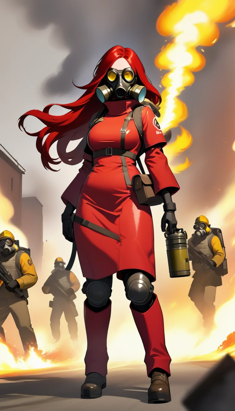 team fortress 2 Pyro Super big breasts long red hair red protective clothing gas mask Flamethrower Mature full-body shot