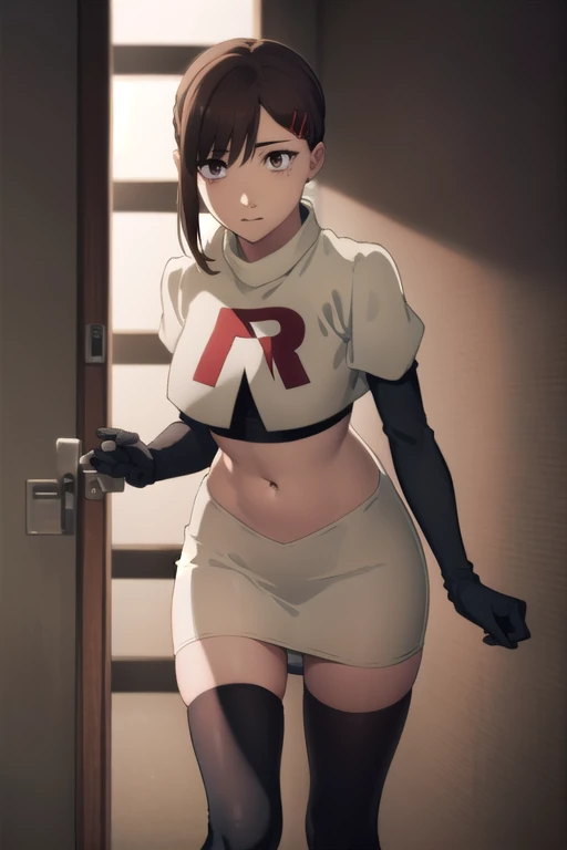 kobenihigashiyama, kobeni higashiyama, black hair, hair ornament, hairclip, mole, mole under eye, ponytail, short hair, (brown eyes:1.5),
BREAK team rocket,team rocket uniform,white skirt,red letter R,crop top,black thigh-highs,black elbow gloves,
BREAK looking at viewer,
BREAK (masterpiece:1.2), best quality, high resolution, unity 8k wallpaper, (illustration:0.8), (beautiful detailed eyes:1.6), extremely detailed face, perfect lighting, extremely detailed CG, (perfect hands, perfect anatomy),