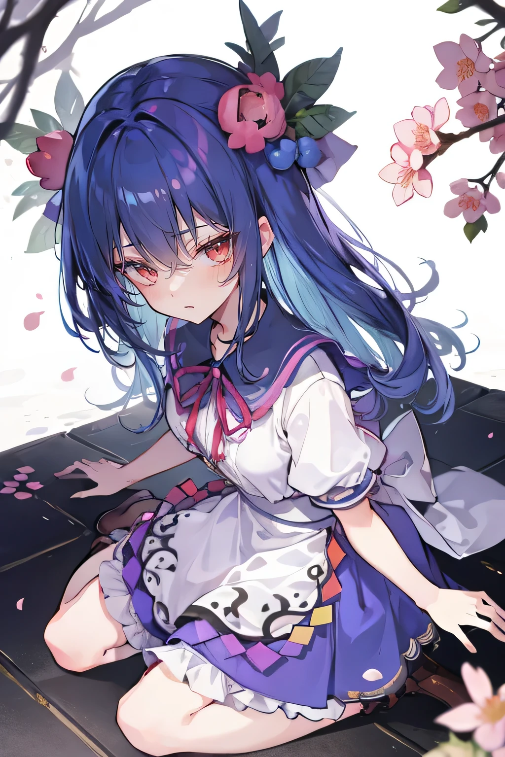 (best quality, masterpiece:1.2), expressive eyes, perfect face, 1 girl, hands on waist, beautiful, gorgeous, Japanese animation, Lola, Hinamori Angel, blue hair, floating clothes, waist grab, waist grab, hands on hips, sitting, sitting on the ground, legs on the ground, flat-chested, falling petals, sitting in a pavilion, pavilion.