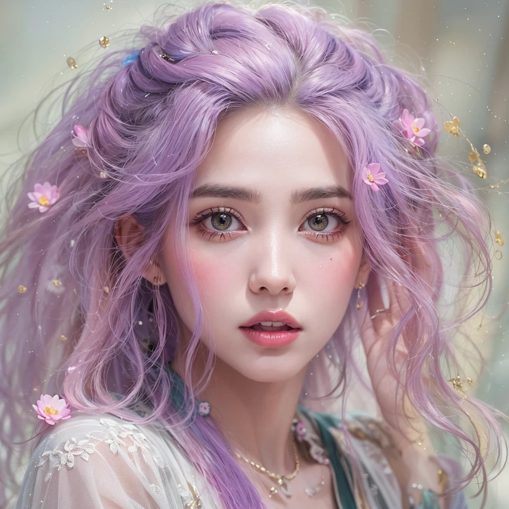 （（（Single eyelid）））Snow hoop exclusion area 32K（tmasterpiece，k hd，hyper HD，32K）Long flowing purple-pink hair，Autumn Pond，zydink， a color， Tongzhou people （Girl with glowing eyes）， （Thin silk scarf）， Side squat position， looking at the ground， long whitr hair， Floating hair， Python headdress， Chinese long-sleeved clothing， （abstract ink splash：1.2）， white backgrounid，Lotus protector（realisticlying：1.4），Purple-pink hair，Snowflakes fluttering，The background is pure， A high resolution， the detail， RAW photogr， Sharp Re， Nikon D850 Film Stock Photo by Jefferies Lee 4 Kodak Portra 400 Camera F1.6 shots, Rich colors, ultra-realistic vivid textures, Dramatic lighting, Unreal Engine Art Station Trend, cinestir 800，Long flowing purple-pink hair，((masterpiece)). This artwork is sweet, dreamy and ethereal, with soft pink watercolor hues and candy accents. Generate a delicate and demure fae exploring a (bubblegum world with a wide variety of pastel shades). Her sweet face is extremely detailed and realistic with elegant features and a fierce expression, and looks like ((((naomi scott)))). Include mature features and stunning, highly realistic eyes. Her eyes are important and should be realistic, highly detailed, and beautiful. In high definition and detail, include lots of details like stars, galaxies, colorful bubbles, colorful petals, and lots of energy and emotion! The stars and colorful bubblegum bubbles are important! Include fantasy details, enhanced details, iridescence, colorful glittering wind, and pollen. Pay special attention to her face and make sure it is beautifully and realistically detailed. The image should be dreamy and ethereal.8k, intricate, elegant, highly detailed, majestic, digital photography