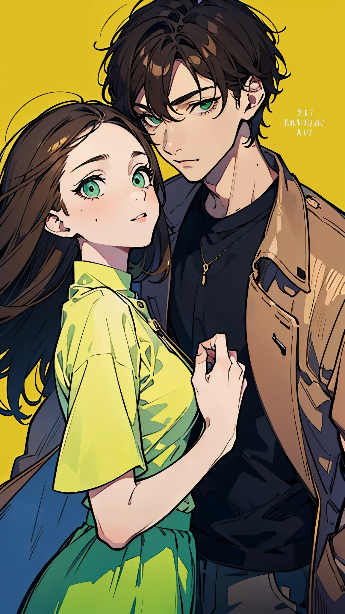 masterpiece, (ung man,brown hair,Short hair, bangs, black T-shirt, brown coat, ), (1 yowoman,brown hair, long hair,(Medium score),, Light green skirt), couple, two people, finely detailed eyes and detailed face,