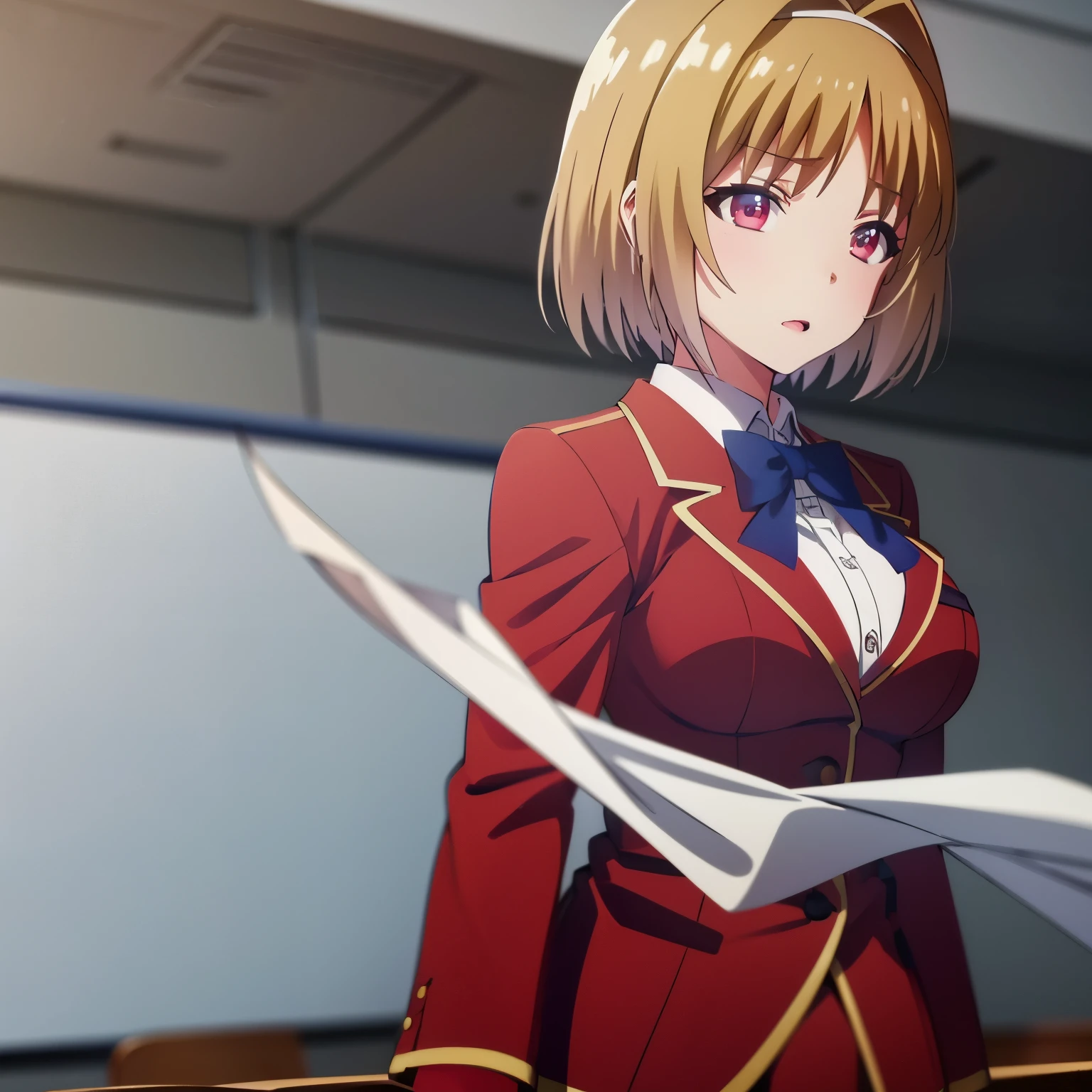 8k, mouthpiece, wallpaper, high quality, high resolution, Welcome to the Classroom of the Elite, drawing, Kushida Kikyo solo, female student, one beautiful woman, handsome woman, golden hair, short hair, tall, red eyes, red jacket, blue ribbon,