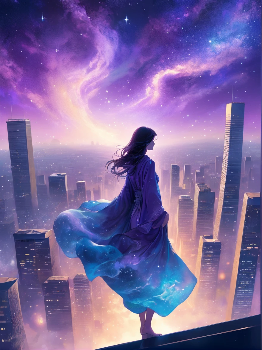 A female figure standing on the rooftop of a high-rise building, Rooftop Focus,Surrounded by swirling currents of cosmic energy, In a dream, hazy scenery. The human silhouette is wrapped in fluidity, A flowing robe that blends in with the flow of heaven, The sky is a tapestry of deep purples and blues, Scattered with stars, The scenery below uses soft, rolling tall buildings. The scene is peaceful and sublime, Capturing the magnificent essence of the universe in a single way, Contemplative figure standing in awe