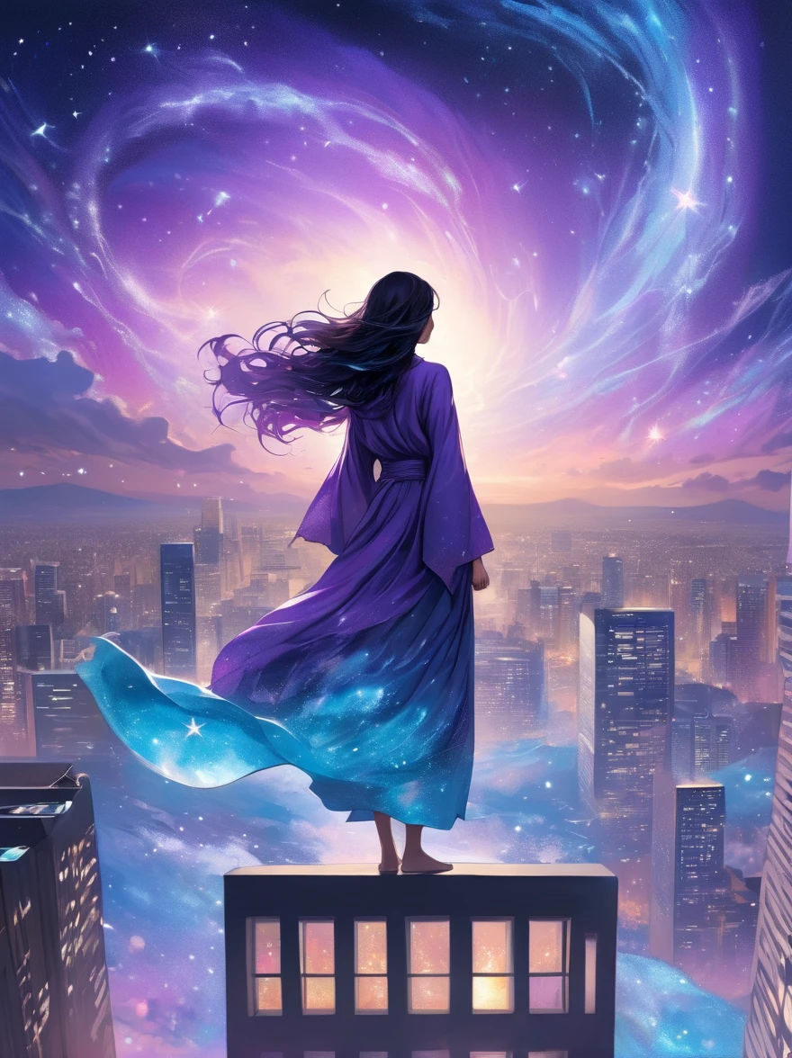 A female figure standing on the rooftop of a high-rise building, Rooftop Focus,Surrounded by swirling currents of cosmic energy, In a dream, hazy scenery. The human silhouette is wrapped in fluidity, A flowing robe that blends in with the flow of heaven, The sky is a tapestry of deep purples and blues, Scattered with stars, The scenery below uses soft, rolling tall buildings. The scene is peaceful and sublime, Capturing the magnificent essence of the universe in a single way, Contemplative figure standing in awe