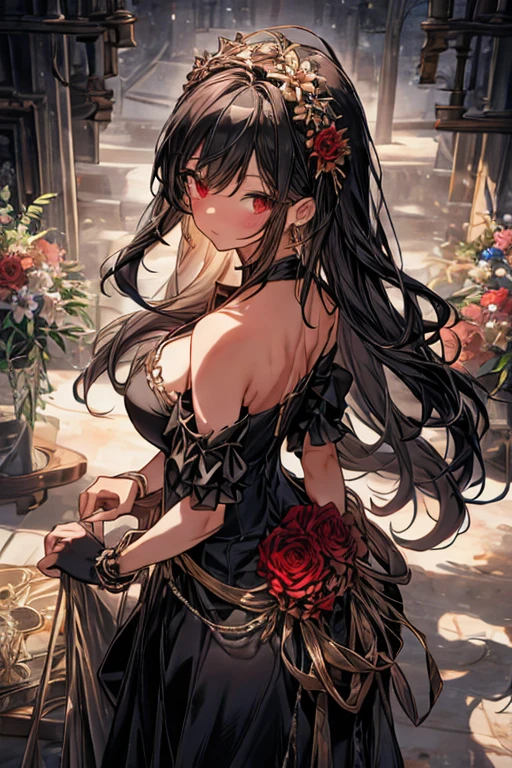 yor briar, anime style beutiful woman, 1girl, happy, smile, red face, closed mouth, beautiful detailed eyes, super detailed skin, backlighting, bare shoulders, black background, black dress, black gloves, black hair, breasts, dress, earrings, fingerless gloves, floating hair, floral print, flower, gloves, gold earrings, gold hairband, hair flower, hair ornament, hairband, holding, holding weapon, jewelry, large breasts, long hair, looking at viewer, off-shoulder dress, off shoulder,red eyes, short hair with long locks, sidelocks, solo, spikes, thighs, two-sided dress, two-sided fabric, weapon, fighting stance , face, close up, from above, highest quality, high resolution.