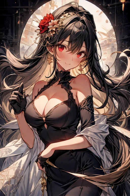 yor briar, anime style beutiful woman, 1girl, happy, smile, red face, closed mouth, beautiful detailed eyes, super detailed skin, backlighting, bare shoulders, black background, black dress, black gloves, black hair, breasts, dress, earrings, fingerless gloves, floating hair, floral print, flower, gloves, gold earrings, gold hairband, hair flower, hair ornament, hairband, holding, holding weapon, jewelry, large breasts, long hair, looking at viewer, off-shoulder dress, off shoulder,red eyes, short hair with long locks, sidelocks, solo, spikes, thighs, two-sided dress, two-sided fabric, weapon, fighting stance , face, close up, from above, highest quality, high resolution.