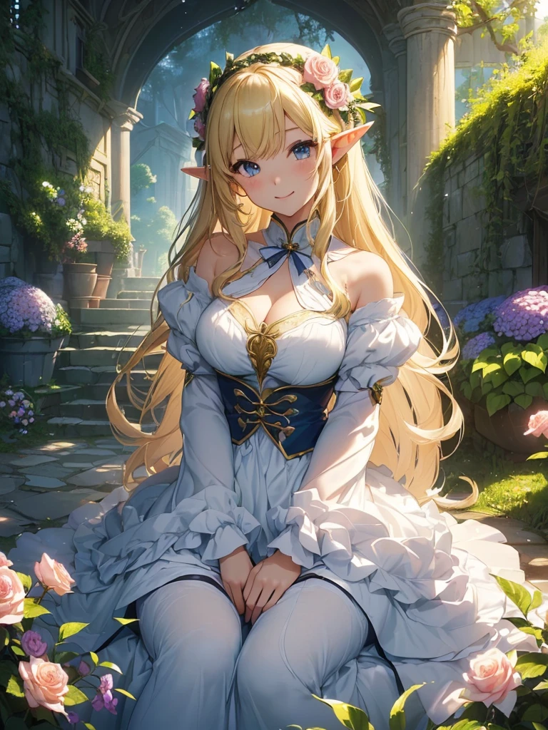 最high quality、Best image quality、masterpiece、Beautiful Face、、Titania、Resting on a bench、Super beautiful elf girl((22 year old office lady big bust、Bust 90,Beautiful long ironed hair、blonde、height: 165cm。thin、Beautiful dress、cowboy shot,、Esbian、spring、青いnull、high quality、美しいart、lunch、tea、cooking、fruit、ビジュアルart、Depth of written border、、Elf Ears、、Lightのmagic、universe、Happy smile、穏やかなLight、Beautiful Forest、、、elegant、ticker beautiful decorative、、、mystery的な Rosa、Rose、、Light、 null、art、Lord of the Ring、Spectacular scenery、sexy、A friendly smile、wonderful、flower畑、nature、universeのmagic、magicのLight、Fantasy、flower、super REALITYa lotのRose、magic、Grow Fantasy、、mysteryのLight、Art Nouveau、Alphonse a lot、、art、art,mystery,UHD,magicalgentle light,sexy