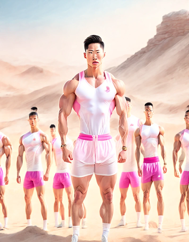 A very very short white china man with pink tracksuit, surrounded by six extremely tall very fit and muscular serious white Korea athletes in shirts and tanks staring at him, at desert