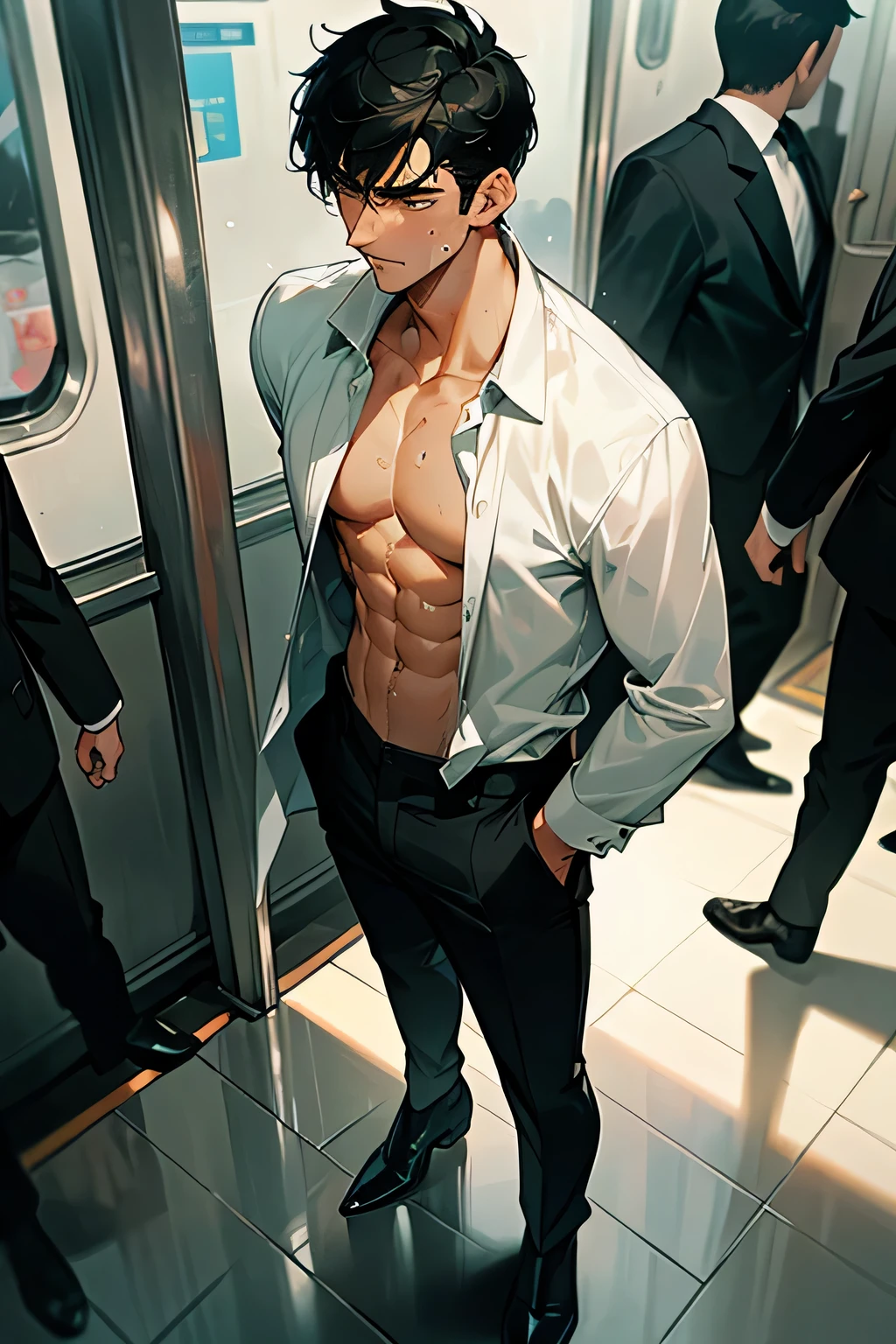shirtless handsome manly short black hair caucasian male in open white long-sleeved shirt, the shirt is sweat-drenched, soaking wet, drenched with sweat, black pants, black leather shoes, holding a heavy briefcase on the right hand, sweating profusely, tired, standing inside the train, the train is crowded with people and passengers