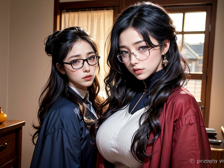 超Practical,Reality,Practical,30 years old Korean adult,Solitary, woman, Bronze skin, curls, (((Long hair))), Light mahogany hair, Lipstick, Eyeliner, eyelash, thick eyelash, Huge Breasts, Linen coat, (Navy Cape), Glasses, Fantasy Village, mature woman