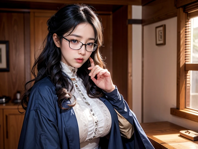 超Practical,Reality,Practical,30 years old Korean adult,Solitary, woman, Bronze skin, curls, (((Long hair))), Light mahogany hair, Lipstick, Eyeliner, eyelash, thick eyelash, Huge Breasts, Linen coat, (Navy Cape), Glasses, Fantasy Village, mature woman