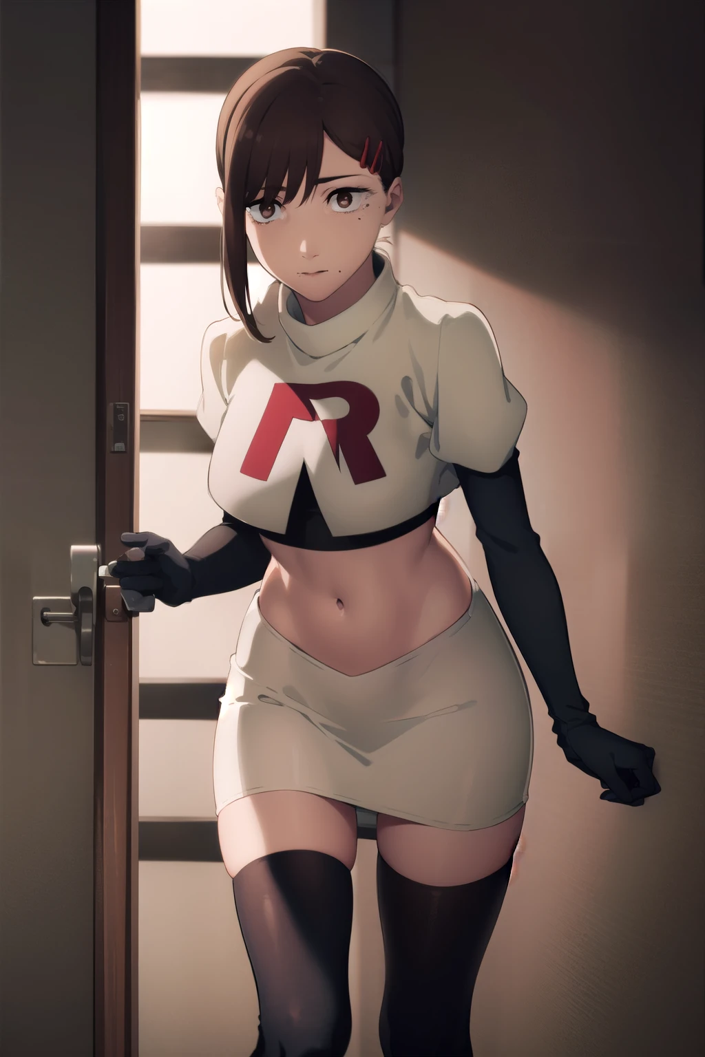 kobenihigashiyama, kobeni higashiyama, black hair, hair ornament, hairclip, mole, mole under eye, ponytail, short hair, (brown eyes:1.5),
BREAK team rocket,team rocket uniform,white skirt,red letter R,crop top,black thigh-highs,black elbow gloves,
BREAK looking at viewer,
BREAK (masterpiece:1.2), best quality, high resolution, unity 8k wallpaper, (illustration:0.8), (beautiful detailed eyes:1.6), extremely detailed face, perfect lighting, extremely detailed CG, (perfect hands, perfect anatomy),