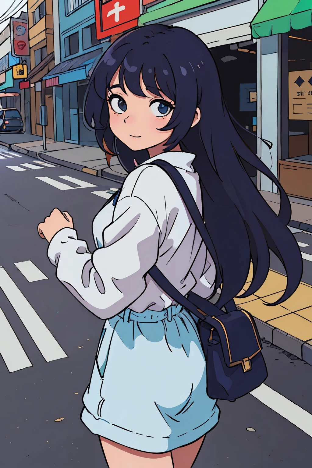 (melhor qualidade:0.8) perfect anime illustration, Um bonito, mulher feliz com cabelo cinza curto e encaracolado nas ruas da cidade escura, vestindo um moletom preto, saia, olhos vermelhos 