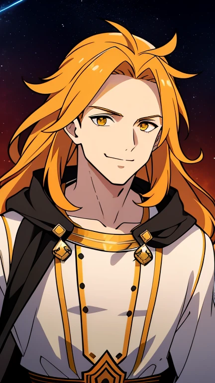 (high-quality, breathtaking),(expressive eyes, perfect face) 1male, male, solo, adult age, long length hair, Rustic Hair color, unkept hair, wild hair, orange yellow eyes, soft expression, black cloak, white shirt, fantasy mage clothing, Jupiter, Jupiter Roman God of the Life and Lightning, space background, portrait, upper body, magic, dad vibe, smile