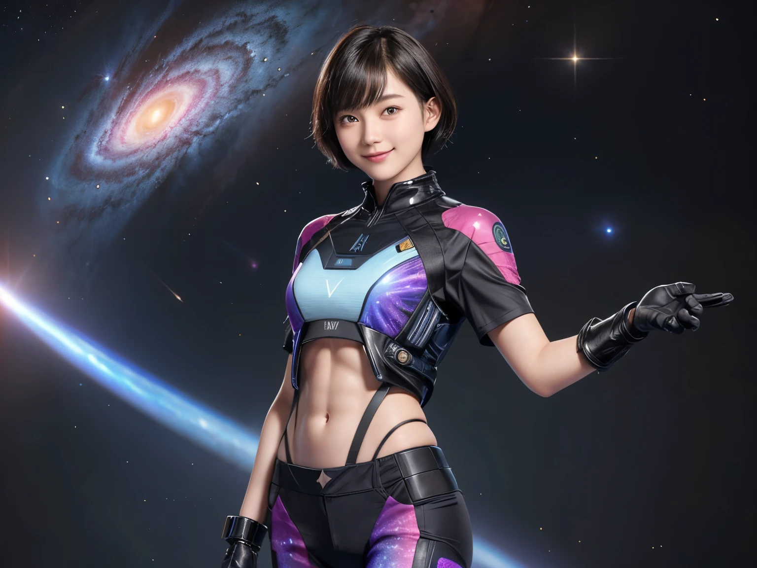 214 Short Hair, 20-year-old woman, A kind smile, Floral, Futuristic clothing, machinery suit, ((Clothes that show abs、Clothes with short sleeves)), (The background is a galaxy and nebula)