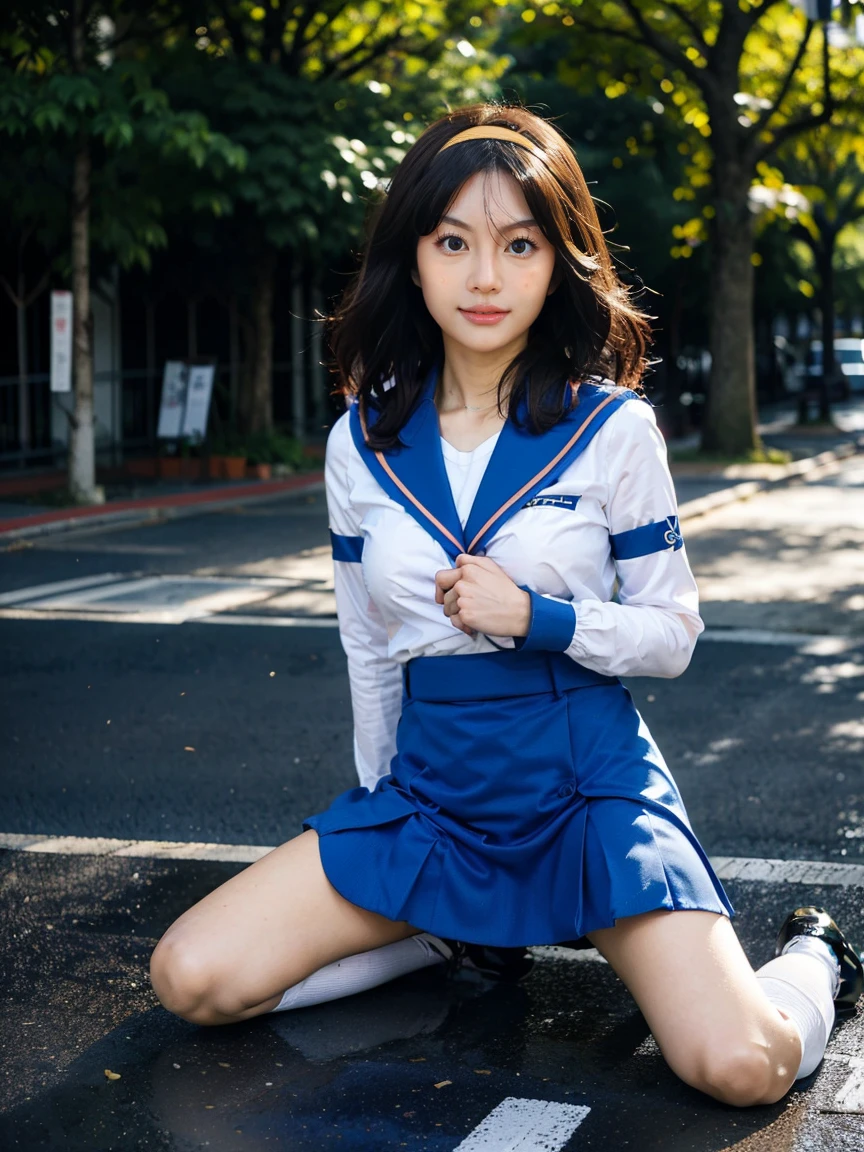 (1 lady), (Best quality at best:1.4), (ultra - detailed), (extremely detailed CG unified 16k), A Beautiful Woman with Perfect Figure: 1.4, Sharp Focus: 1.2, very detailed, High-definition RAW color photo, professional photoshooting, amazing face and eyes, cosmetics, (amazingly beautiful girl), ((suzumiya haruhi)), ((kita high sch0ol uniform, blue sailor collar, blue skirt, armband, hairband, medium hair, ribbon, socks)), standing posture, (look from down), realistic cinematic face, head to feet long wide zoomed out view, full body long view, photorealistic, ((realistic natural caramel brown hair style, brown eyes)), gorgeous, extremely beautiful face, perfect model beauty, pout mouth, Highly Detailed Face and Skin Texture, Detailed Eyes, Double Eyelids, Medium Breasts, joy expression, joyful face, cleavages, western, (masterpiece), best quality, high resolution, extremely detailed, depth of field, cinematic lighting, amazing legs, high heels, clear and well-cared skin, (background: nature, tree, park)