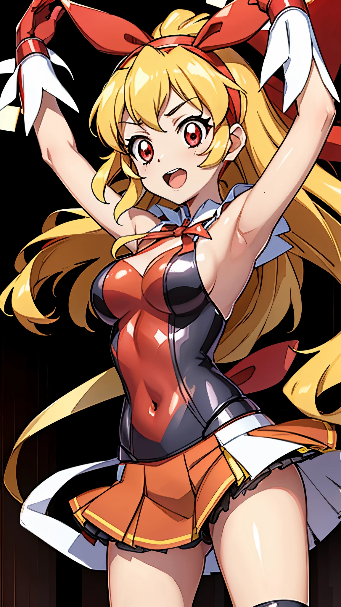 (RED Ribbon on HAIRband:1.2),aikatsu,1 girls,in senki zesshou symphogear style , Blonde long hair,black and RED battle suit,BREAK,ultra-definition, high resolution, ultra-detail CG,caustics, Live stage, in front of super large vision, singing, stand microphone ,