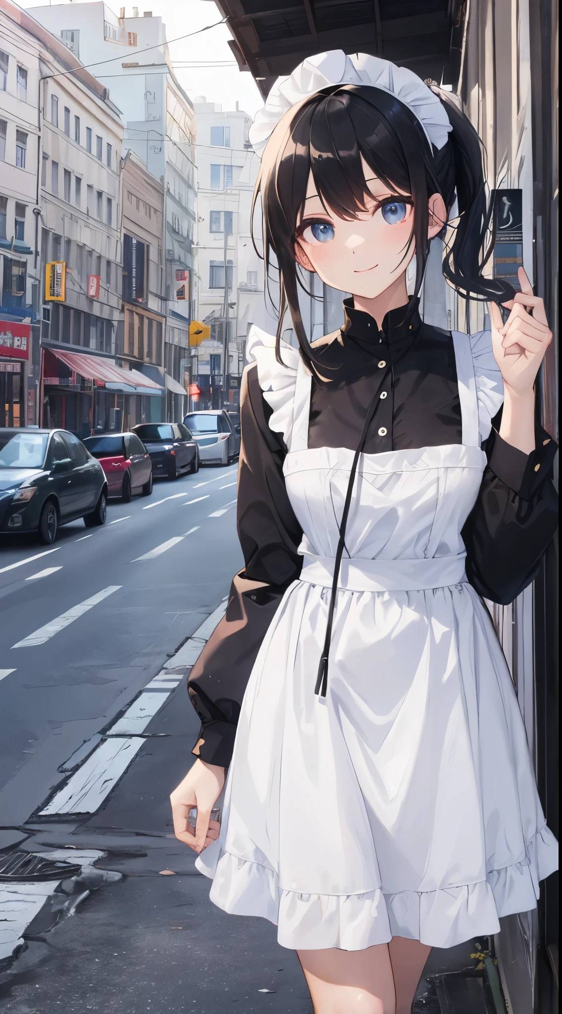 masterpiece、ultra-quality、An ultra-high picture quality、Detailed and delicate depiction、Maid:Cute、Has adorable outstanding looks。I'm wearing a smooth ponytail、Her eyes are red and clear、Mote gesture、She's making a turn。Have a bright smile、The uniform is a classic maid outfit of black and white, with a long skirt and ankle-length、The apron looks white and neat.、The skirt is fluffy up on the turn。Background with:The scenery of the city is stylish and calm.、It has a bright, clean and fashionable atmosphere