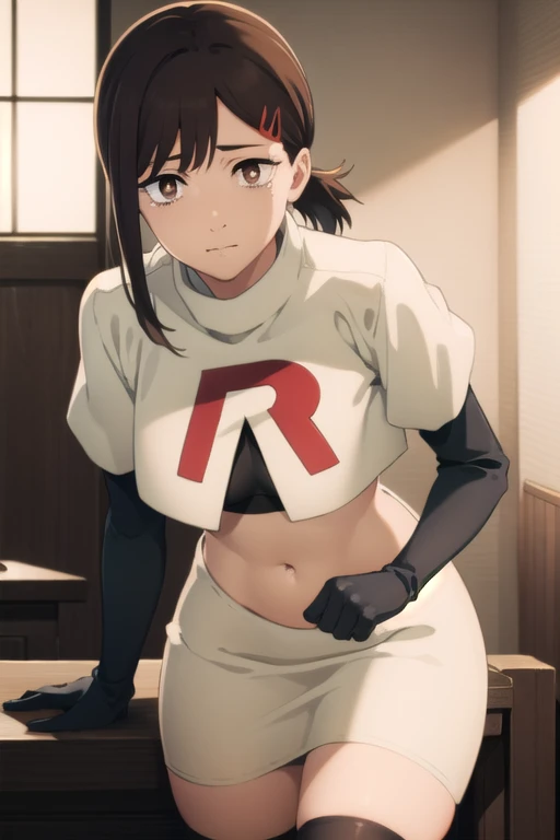 kobenihigashiyama, kobeni higashiyama, black hair, hair ornament, hairclip, mole, mole under eye, ponytail, short hair, (brown eyes:1.5),
BREAK team rocket,team rocket uniform,white skirt,red letter R,crop top,black thigh-highs,black elbow gloves,
BREAK looking at viewer,
BREAK (masterpiece:1.2), best quality, high resolution, unity 8k wallpaper, (illustration:0.8), (beautiful detailed eyes:1.6), extremely detailed face, perfect lighting, extremely detailed CG, (perfect hands, perfect anatomy),