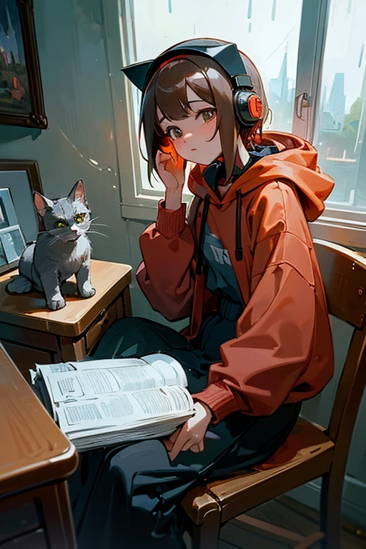 Create an image prompt for artificial intelligence: A young woman with short brown hair wearing red headphones and a red hoodie, sitting in a chair at her desk in her bedroom. There's a desk lamp illuminating the scene, with a cat perched on the windowsill. On the wall hangs a painting of a boat. Outside the window, rain is falling. The overall style of the image should evoke the aesthetic of a 'lofi girl' scene.