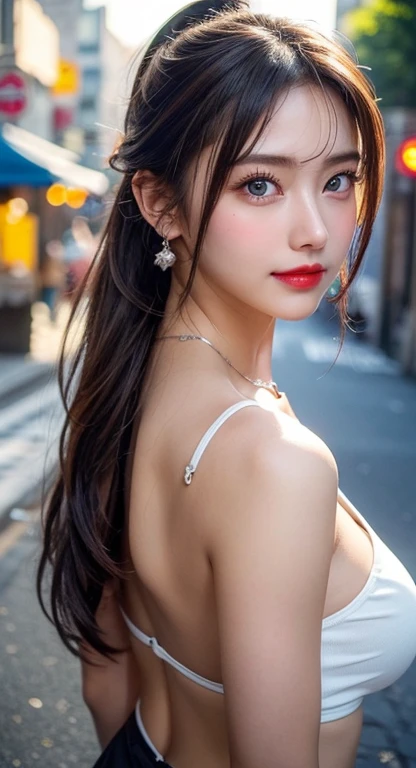 Urban beautiful girl college student, masterpiece, light makeup, red lips, silver hair, messy long hair, street background, beautiful, elegant. super fine details, master works, authentic texture, cinematic lighting realism, perfect job, 16k, hd, exquisite features,blue eyes、japanese idol、Beautiful face、cute smile、brown hair、beautiful hair、ponytail、glamorous、 big breasts、nipple、oily skin、shiny skin、sunburned skin、Shining black skin、sexy camisole,T-back, bright big eyes, smooth skin, earrings, necklace,facing forward