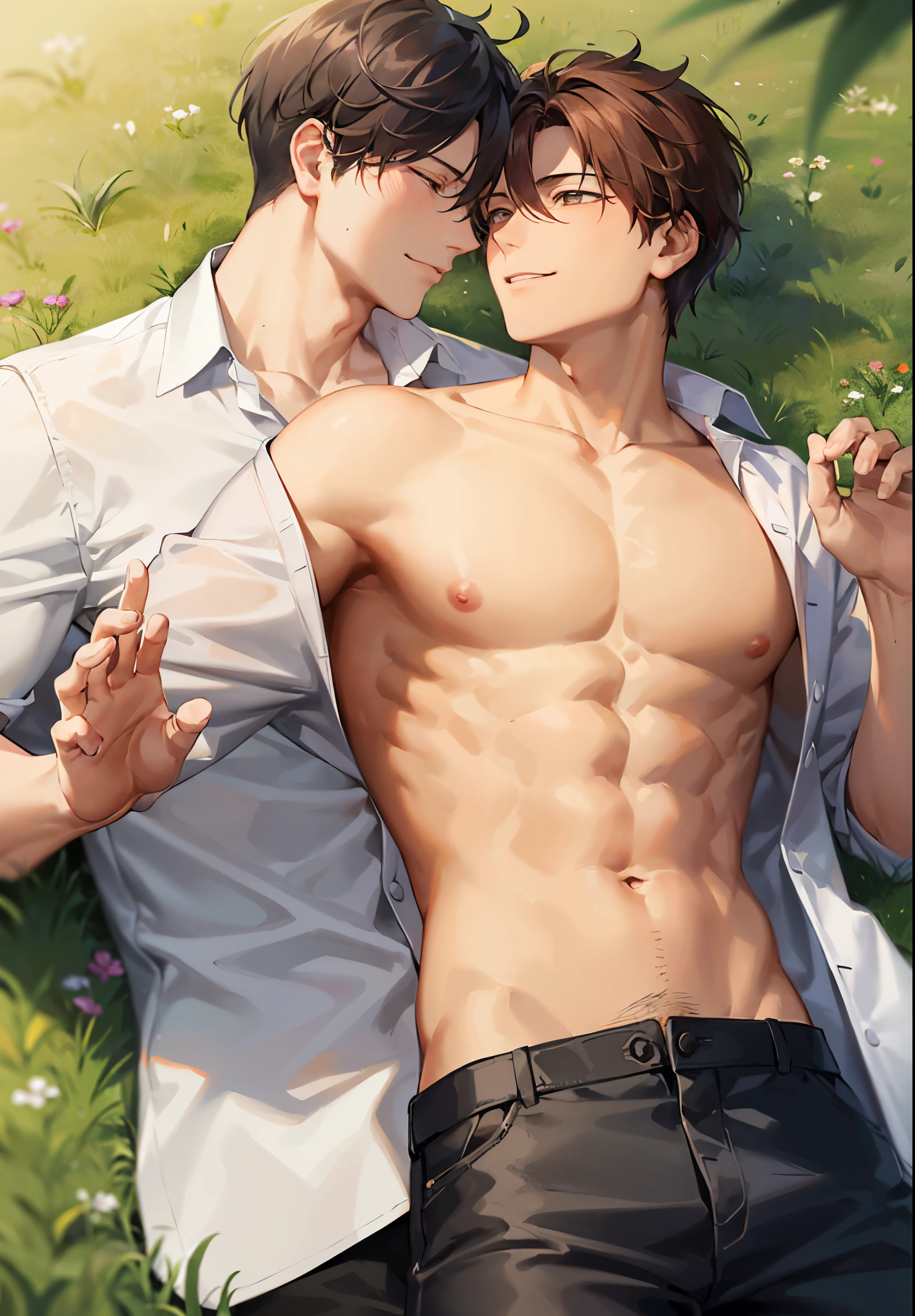 male focus,  boy, shirt, yaoi, lying, brown hair, pants, nipples, short hair, pectorals, open shirt, white shirt, open clothes, black hair, muscular male, on back, muscular, looking at another, black pants /////////// ,details of 5 fingers (men), details of male body parts, details,sunny smile,Sleep