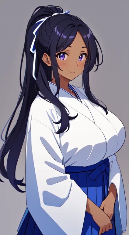 masterpiece, best quality, anime Illustration, 4k, 1 girl, solo, standing, long hair, black hair, violet eyes, high ponytail, blue hair ribbon, blue ribbon, blue hakama and white kimono, big breasts, huge breasts, looking_at_viewer, motherly smile, upper_body, dark skin, ((Village background:1.0)), ((dark skin: 1.5)), , ((parted bangs: 1.4)),  parted bangs, large forehead, purple eyes