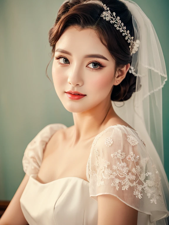 best quality,Clear face,Ultra HD,a beauty,Wearing a vintage style wedding dress,wedding photos,Beautiful retro style makeup,full-body shot,model,Big