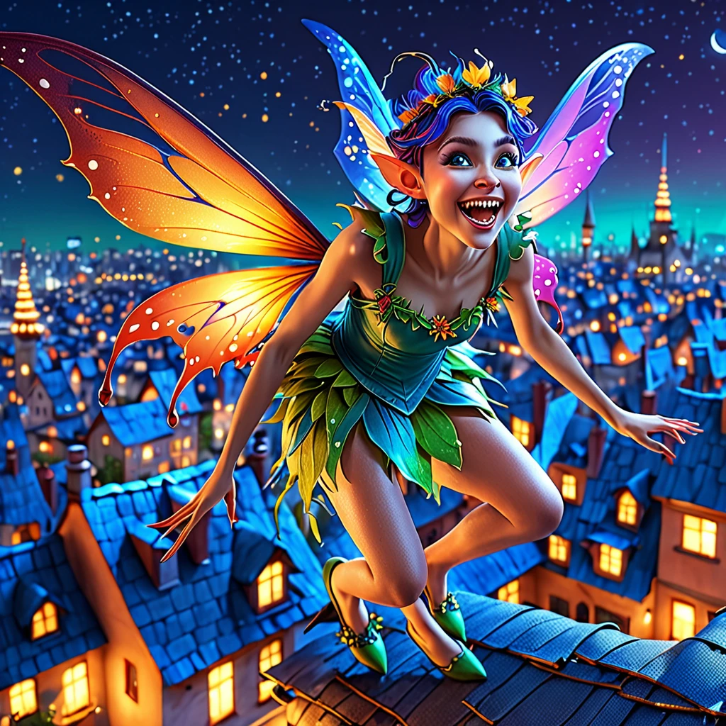 (best quality,4k,highres:1.2),ultra-detailed,(realistic:1.37)
crazy looking fairy, rooftop, triumphantly standing, sack of teeth dangling, city at night
medium: fantasy illustration, vibrant colors, surreal lighting