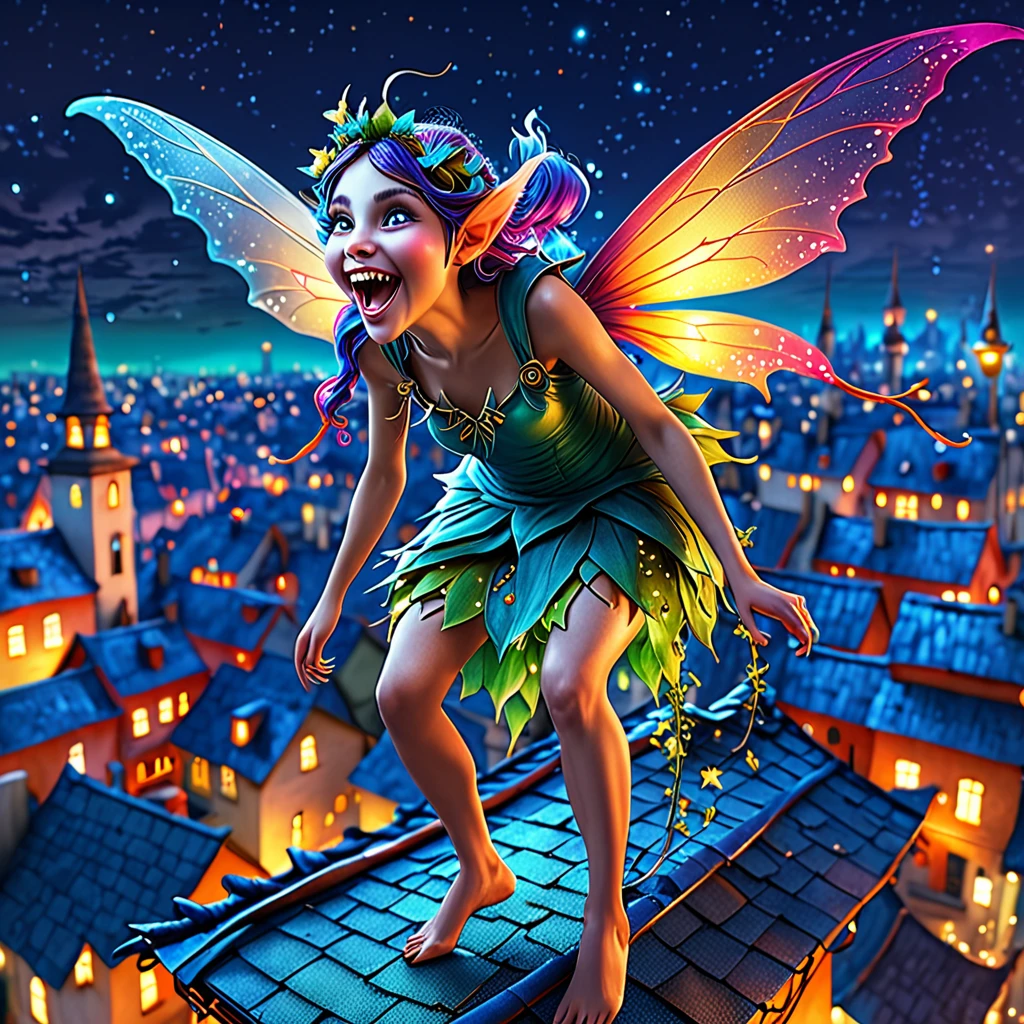 (best quality,4k,highres:1.2),ultra-detailed,(realistic:1.37)
crazy looking fairy, rooftop, triumphantly standing, sack of teeth dangling, city at night
medium: fantasy illustration, vibrant colors, surreal lighting