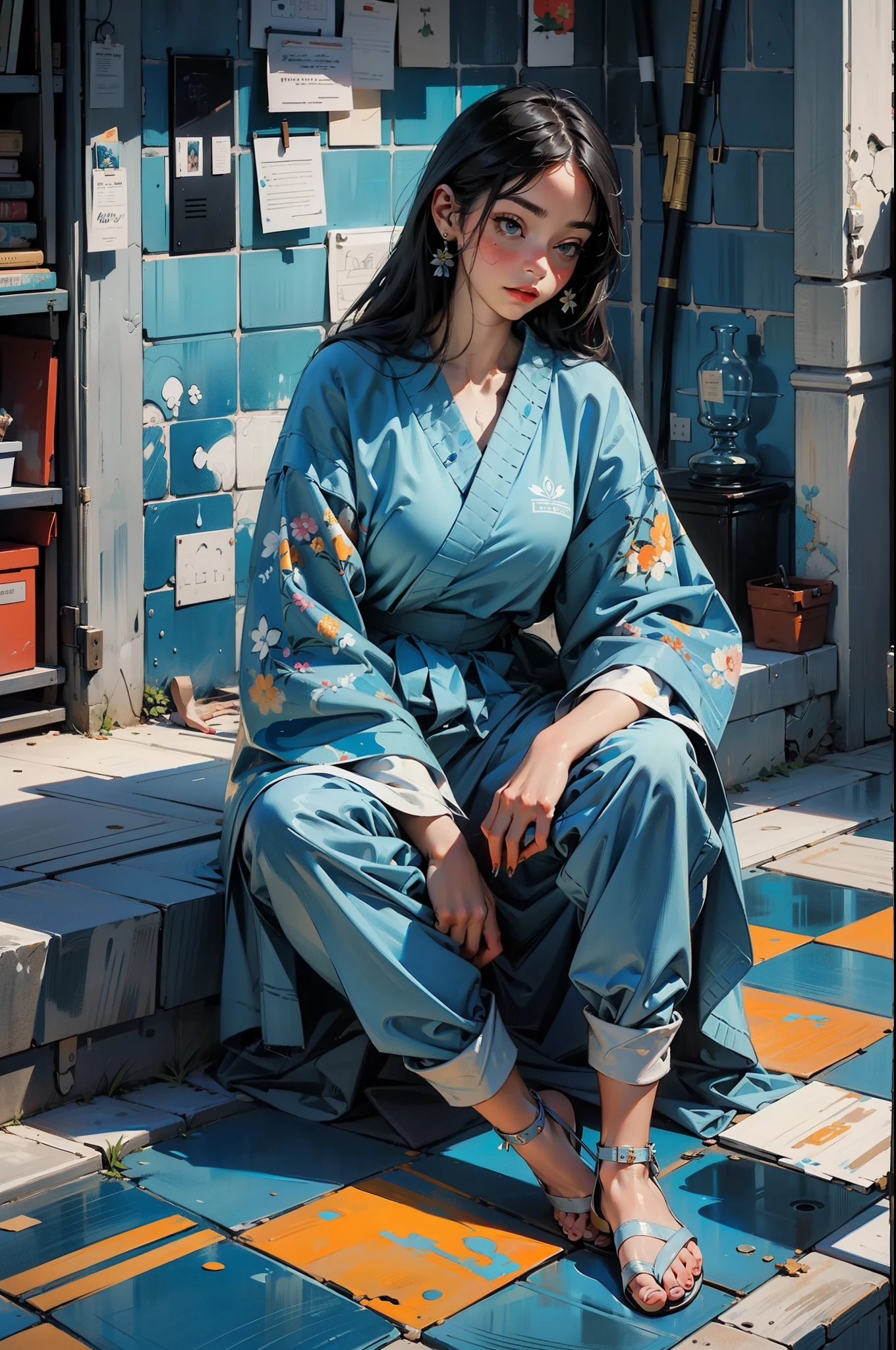 Oil painting, large brush strokes, woman in a blue dress, sitting on a tiled floor, painted tiles, full body portrait painting, inspired by Picasso inspired by Monet inspired by WLOP, prize winning artwork, oil painting by a master painter, detailed brush strokes, deep color values, true impression, breath taking beautiful