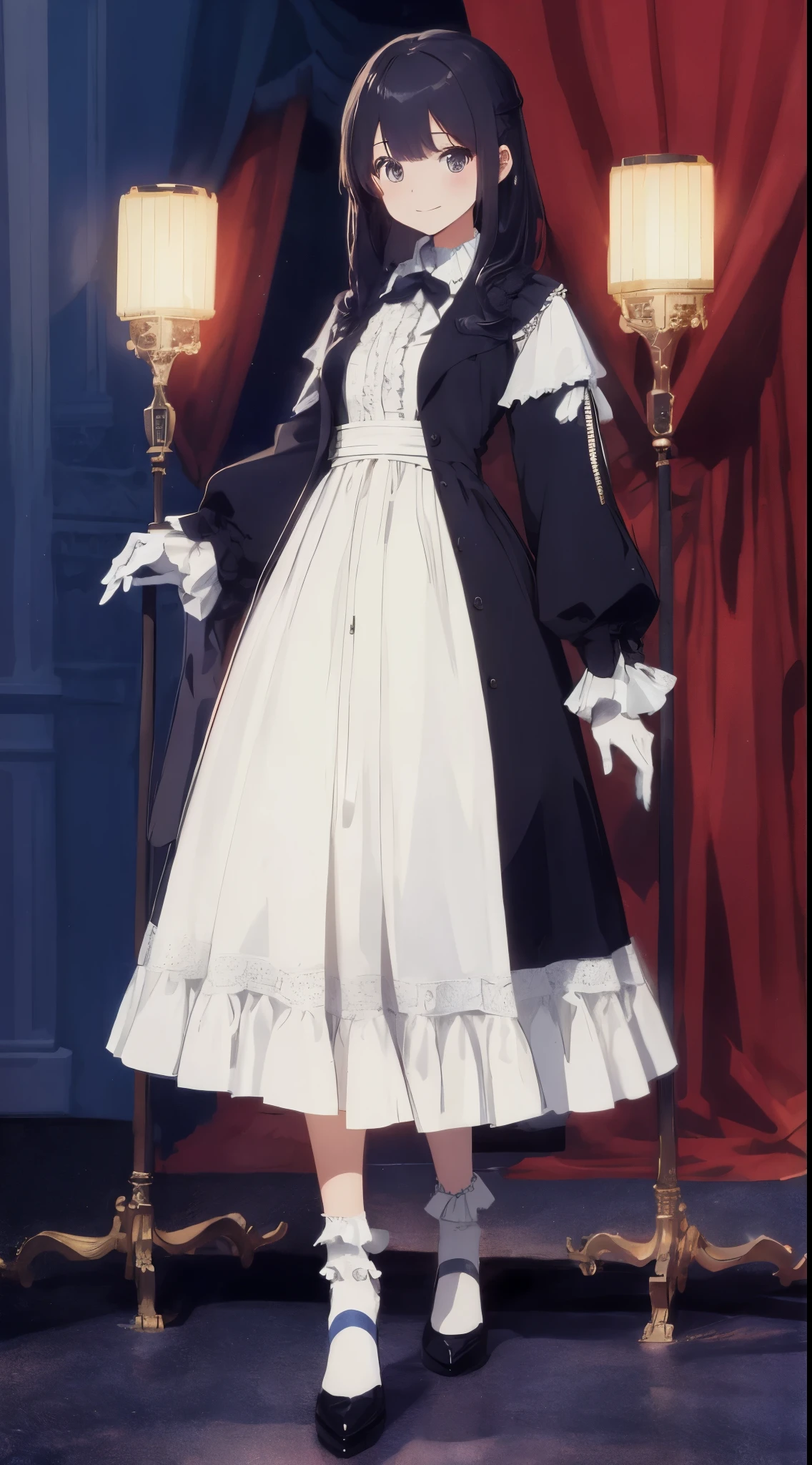 masterpiece、An ultra-high picture quality、hiquality、Big magic stick、long-sleeve、Long length dresses、Ankle-length skirt length、Socks with ruffles、White dress with high neck with excess frills、Cute shape dress、absurderes、Smooth hair、Close up portrait of teenage princess with white gloves、The King's Audience Room、Luxurious chairs、Red Jutan、Lavishly decorated walls、Gorgeous light、back lighting、Blur the background