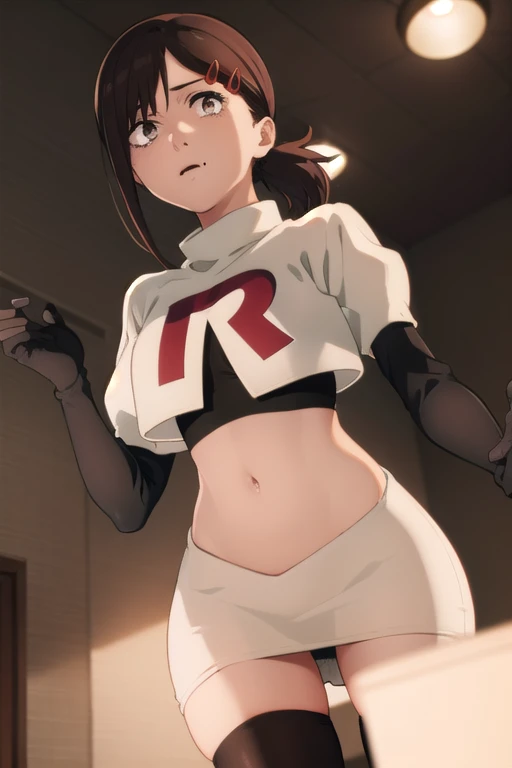 kobenihigashiyama, kobeni higashiyama, black hair, hair ornament, hairclip, mole, mole under eye, ponytail, short hair, (brown eyes:1.5),
BREAK team rocket,team rocket uniform,white skirt,red letter R,crop top,black thigh-highs,black elbow gloves,
BREAK looking at viewer,
BREAK (masterpiece:1.2), best quality, high resolution, unity 8k wallpaper, (illustration:0.8), (beautiful detailed eyes:1.6), extremely detailed face, perfect lighting, extremely detailed CG, (perfect hands, perfect anatomy),