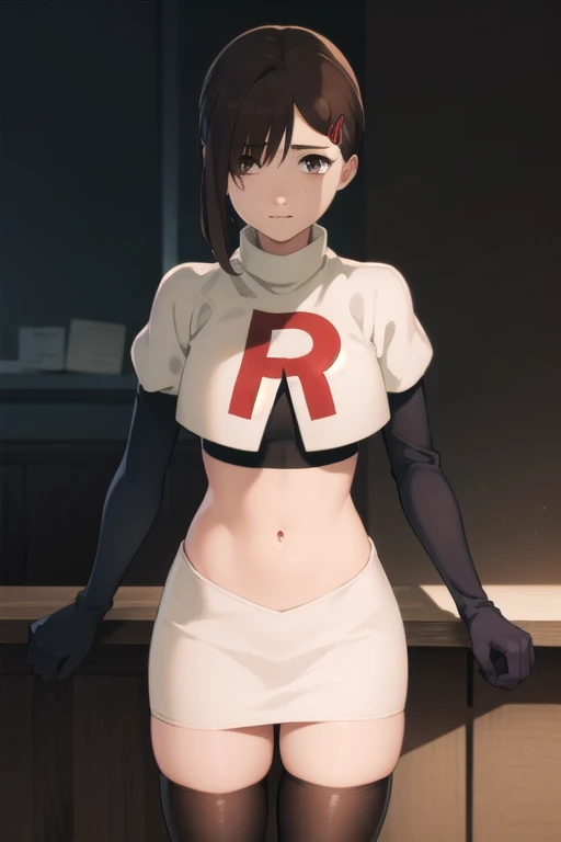 kobenihigashiyama, kobeni higashiyama, black hair, hair ornament, hairclip, mole, mole under eye, ponytail, short hair, (brown eyes:1.5),
BREAK team rocket,team rocket uniform,white skirt,red letter R,crop top,black thigh-highs,black elbow gloves,
BREAK looking at viewer,
BREAK (masterpiece:1.2), best quality, high resolution, unity 8k wallpaper, (illustration:0.8), (beautiful detailed eyes:1.6), extremely detailed face, perfect lighting, extremely detailed CG, (perfect hands, perfect anatomy),