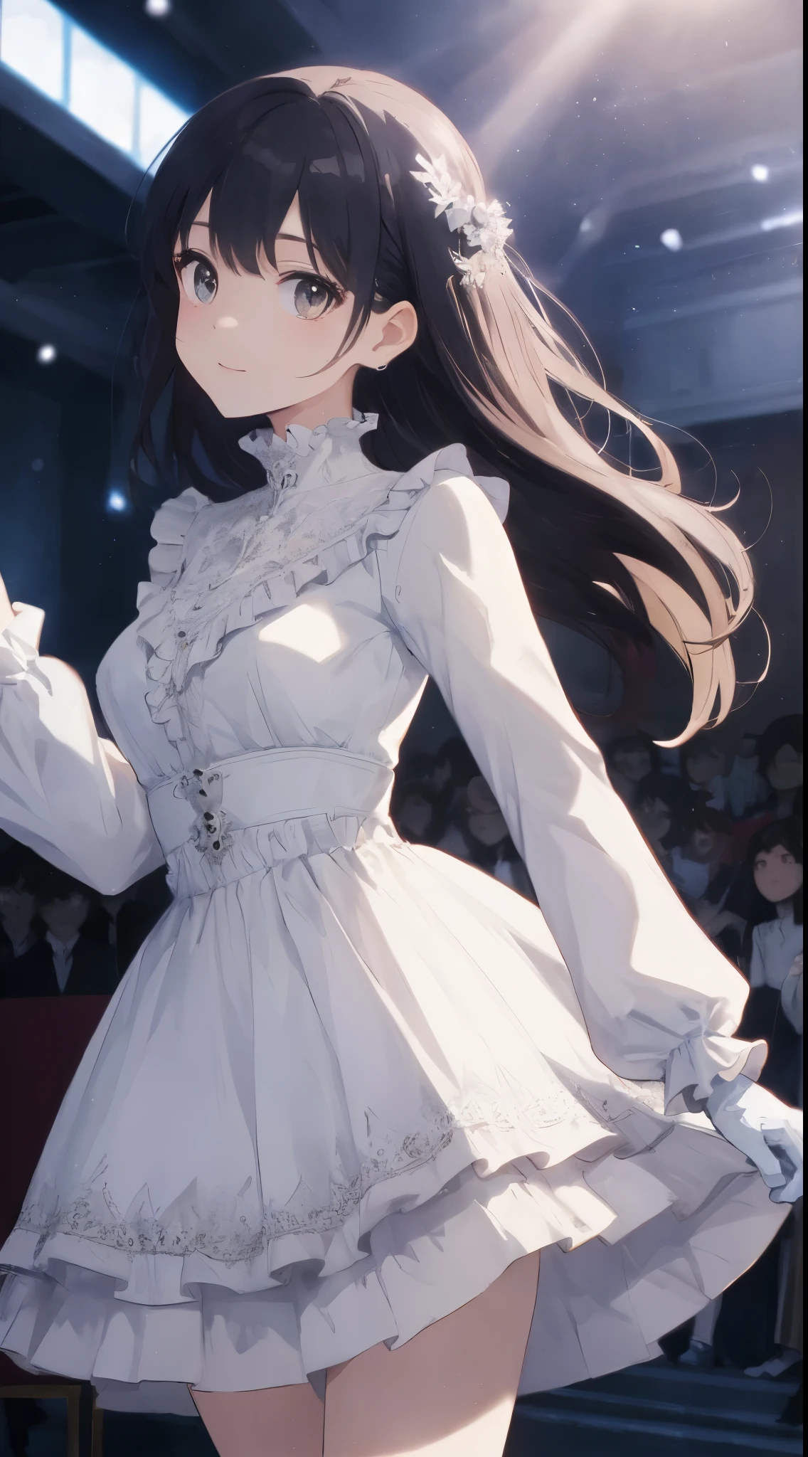 masterpiece、An ultra-high picture quality、hiquality、Big magic stick、long-sleeve、Long length dresses、Ankle-length skirt length、Socks with ruffles、White dress with high neck with excess frills、Cute shape dress、absurderes、Smooth hair、Close up portrait of age princess with white gloves、The King's Audience Room、Luxurious chairs、Red Jutan、Lavishly decorated walls、Gorgeous light、back lighting、Blur the background