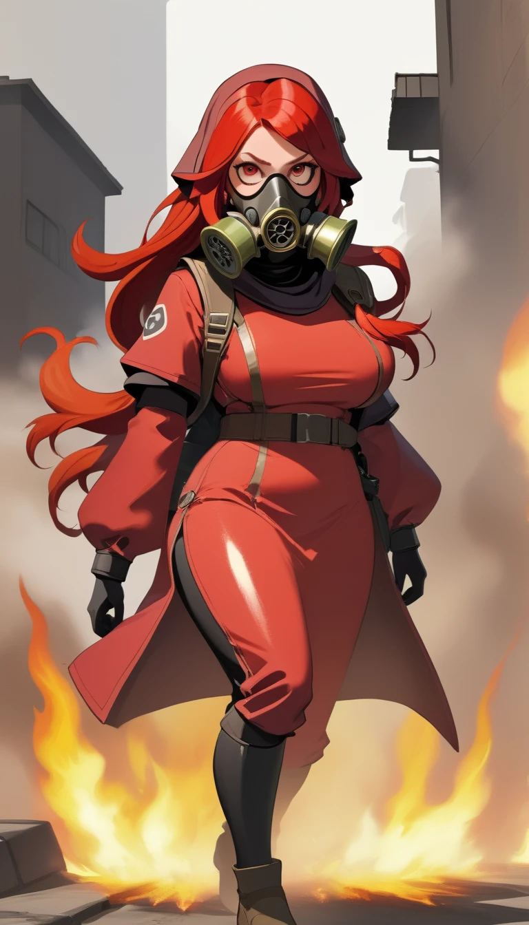 team fortress 2 Pyro Super big breasts long red hair red protective clothing gas mask Flamethrower Mature full-body shot