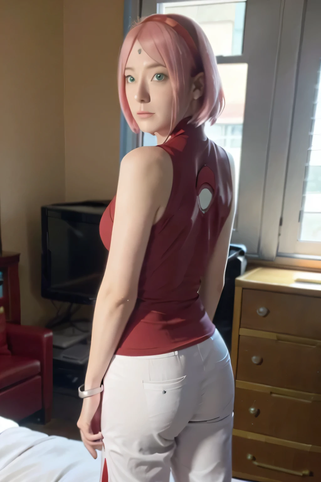 masterpiece, ,(solo:1.1), perfect face, (bright lighting:1.2),beautiful detailed eyes, extremely detailed face, perfect lighting,masterpiece, best quality, 1girl,haruno sakura, red sleeveless dress, white pants, bracelets, forehead mark, red hairband, uchiha crest, small breast, small hips, small ass, solo,breasts, ass, lying, on stomach,back, foreshortening, from behind, bedroom,