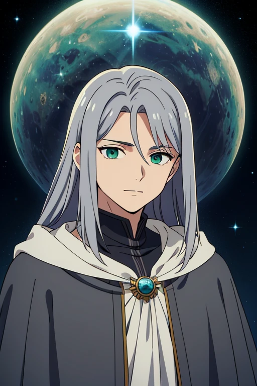 (high-quality, breathtaking),(expressive eyes, perfect face) 1male, male, solo, short height, young teenager age, long length hair, Grey hair color, glowing hair, white strands in hair, unkept hair, deep green eyes, kind expression, soft smile, cloak, shirt, fantasy mage clothing, adventurers attire, Mercury planet, Mercury Roman God of Travellers and Trickery, space background, portrait, upper body, magic
