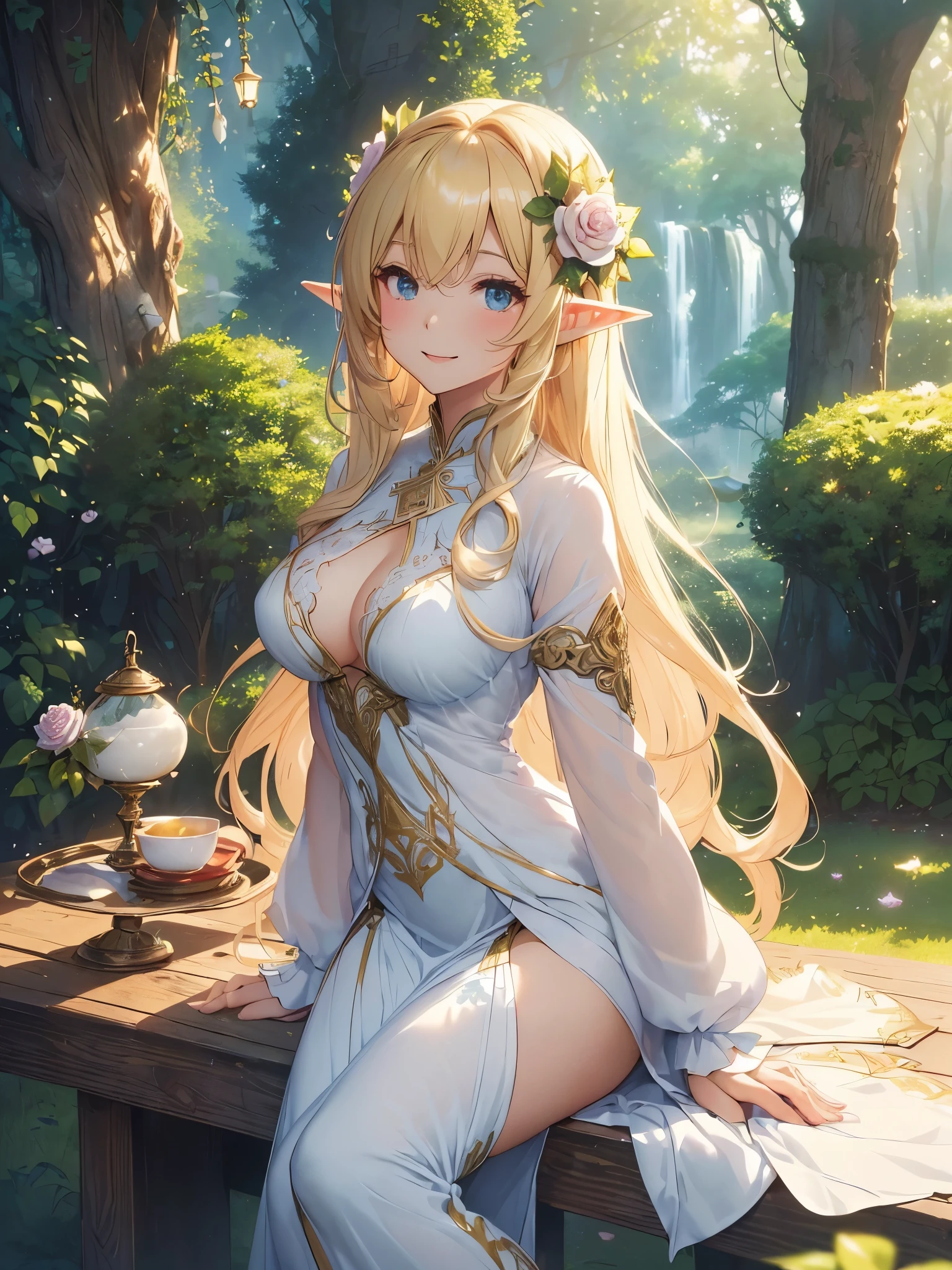 最high quality、Best image quality、masterpiece、Beautiful Face、、Titania、Resting on a bench、Super beautiful elf girl((22 year old office lady big bust、Bust 90,Beautiful long ironed hair、blonde、height: 165cm。thin、Beautiful dress、Beautiful legs、cowboy shot,、Esbian、spring、青いnull、high quality、美しいart、lunch、tea、cooking、fruit、ビジュアルart、Depth of written border、、Elf Ears、、Lightのmagic、universe、Happy smile、穏やかなLight、Beautiful Forest、、、elegant、ticker beautiful decorative、、、mystery的な　Rosa、Rose、、Light、　null、art、Lord of the Ring、Spectacular scenery、sexy、A friendly smile、wonderful、flower畑、nature、universeのmagic、magicのLight、Fantasy、flower、super REALITYa lotのRose、magic、Grow Fantasy、、mysteryのLight、Art Nouveau、Alphonse　a lot、、art、art,mystery,UHD,magicalgentle light,sexy