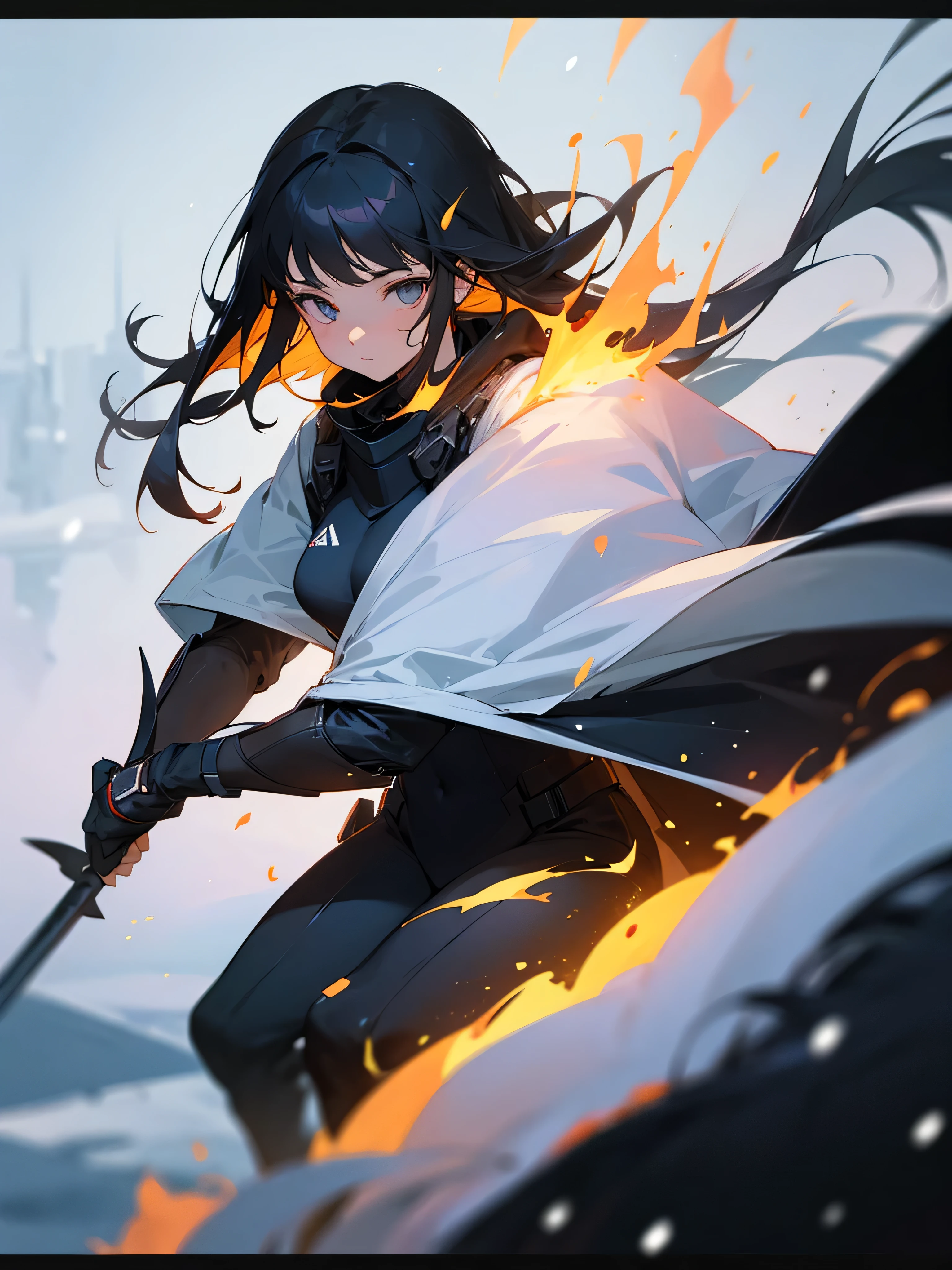 (masterpiece, best quality),cinematic composition, letterboxed, depth of field, solo focus, 1girl, snowy field, black hair, white eyes, black ninja suit, snowing, village on fire